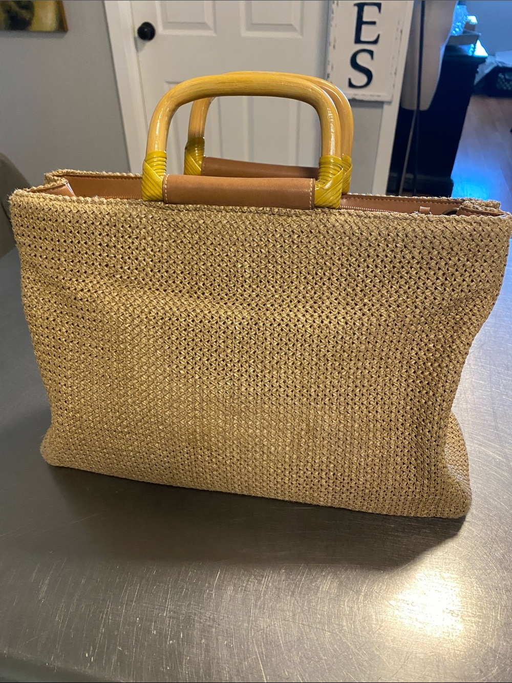Fossil Woven Straw Tote with Yellow Handle #76082